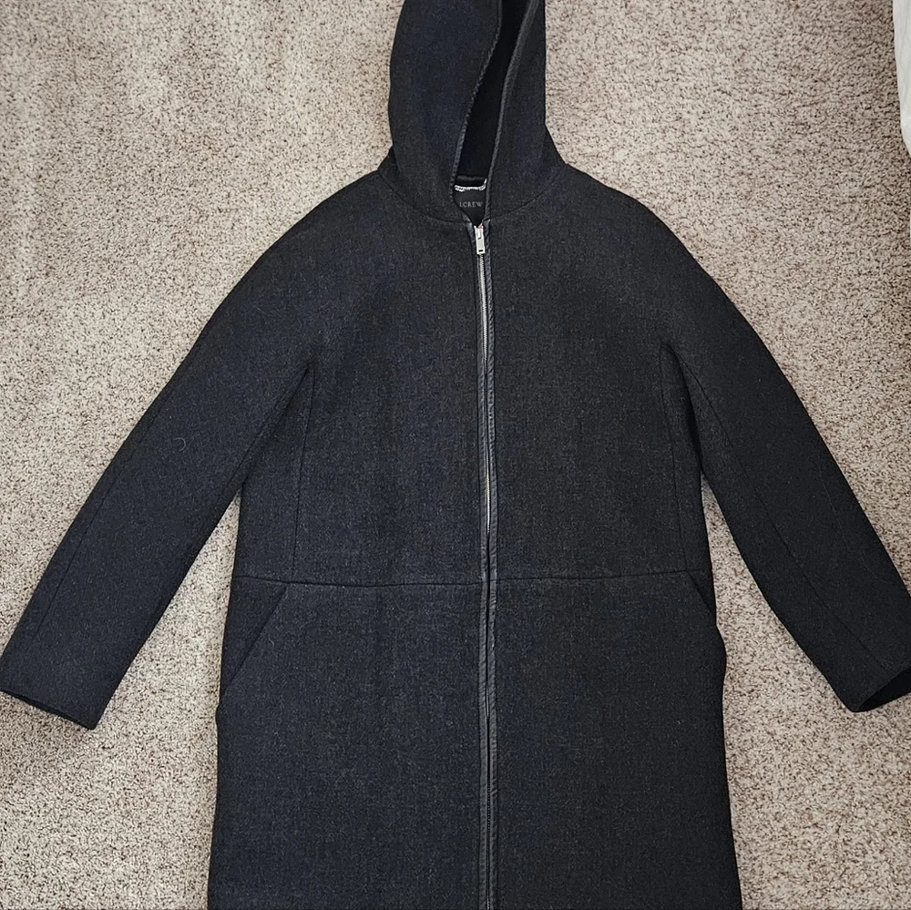 J. Crew Stadium Cloth Dark Gray Wool Blend Hooded Leather Trimmed Coat - Picture 1 of 11